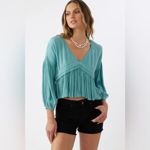 O’Neill Mary Solid Teal Cropped Blouse NEW